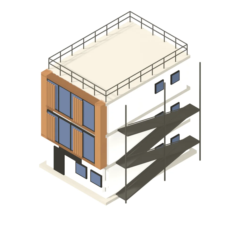 An isometric model of a three-storey studio building assembling in CSI order — slabs, blockwork, steel stair and roof rail, the timber-and-glass bay, finishes — while the bid ladder beside it fills in.